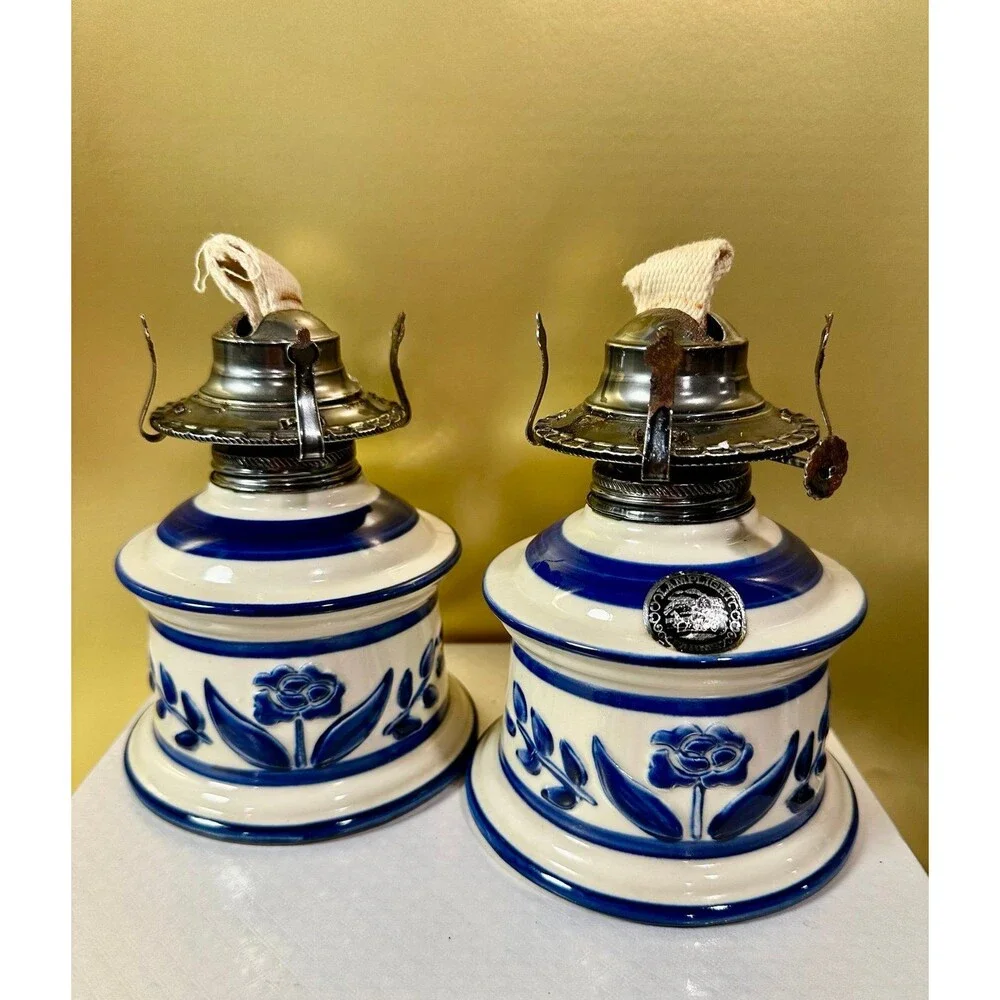 Vintage Lamplight Farms Blue & White Ceramic Oil Lamp Bases - Pair of 2